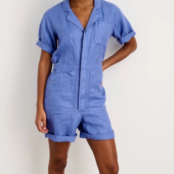 New with tag size small Alex Mill blue standard short jumpsuit linen - Picture 2 of 4